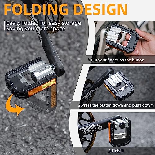 ROCKBROS Folding Bike Pedals Aluminum Alloy Foldable Bicycle Pedals 9/16 Inch Lightweight with Reflective Strips&Non Slip for Folding Bike, Electric Bike