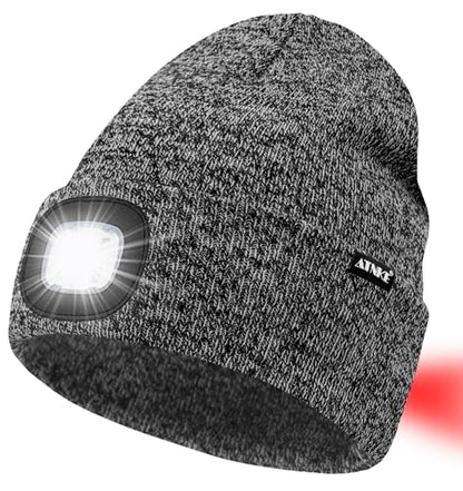 ATNKE LED Lighted Beanie Hat,USB Rechargeable 8 LED Red Glow Flashing Alarm Running Headlamp Cap Gifts for Men and Women - color: #Blended Black White