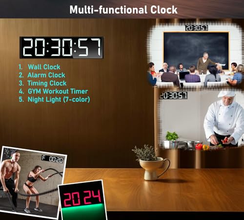 26'' Huge Digital Wall Clock, Home Gym Interval Workout Timer Clock, with Seconds Countdown/up, Stopwatch, 8-Alarms, 7-Color Night Light for Tabata/HIIT/MIIT/EMOM/FGB/Boxing (White)
