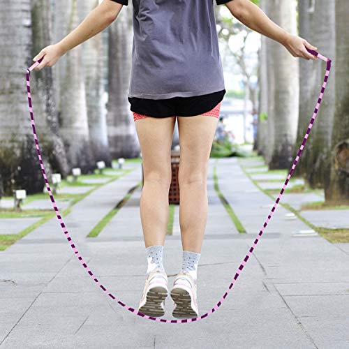 Jump Rope for Fitness, Home Work-Out; Adjustable with Anti-Slip Grip, Soft Plastic Beaded, Tangle-Free, Indoor and Outdoor Exercise (Purple)