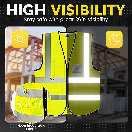 PeerBasics Safety Vest 10 Pack, Yellow, ANSI Class 2, Reflective, For Men Women Unisex, With Pockets Zipper, Breathable Mesh (XX-Large) - color: Yellow - 10 Pack, size: XX-Large