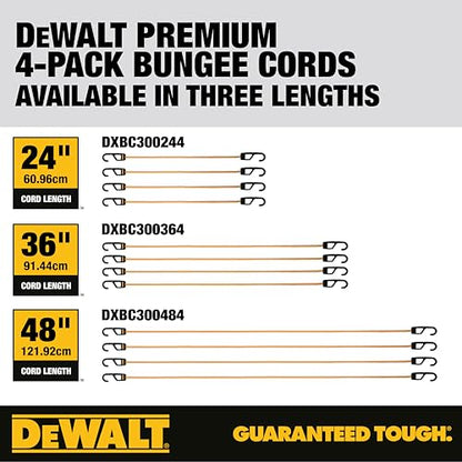 DEWALT 24" Premium Round Bungee Cords, Interlocking Quick-Pull Notch, 4-PK - size: 24"