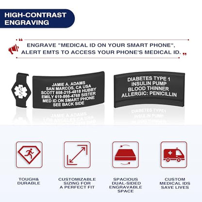Divoti Custom Dual-Sided Engraved Silicone Medical Alert ID Wristband w/Security Clasp & Trim-to-Fit Band - Style - color: Carmella Blue / PVD Black / White, size: Band Width - 19mm