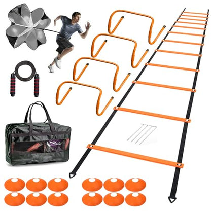 Agility Ladder Set 20ft, 4 Hurdles, 12 Soccer Cones, Jump Rope & Running Parachute - Speed Agility Training Equipment for Soccer Fitness Kids Youth Adults