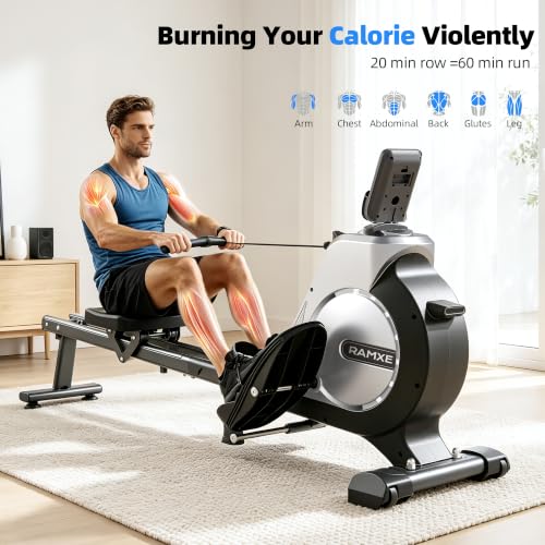 RAMXE Rowing Machine for Home，Magnetic Rowing Machine with 16 Levels，Rower Machine of Quiet Resistance，Foldable Exercise Equipment，Dual Slide Rail with Max 350lbs Weight Capacity，App Compatible
