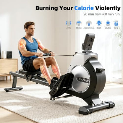 RAMXE Rowing Machine for Home，Magnetic Rowing Machine with 16 Levels，Rower Machine of Quiet Resistance，Foldable Exercise Equipment，Dual Slide Rail with Max 350lbs Weight Capacity，App Compatible