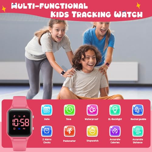 Kids Digital Watches for Boys Girls, Sports Watch with Fitness Tracker, Pedometer, Alarm Clocks, Stopwatch, No App Needed Waterproof Kids Watch, Gift for Teens Student Girls Boys Ages 5-14 - color: L6615E-WatermelonRed