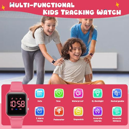 Kids Digital Watches for Boys Girls, Sports Watch with Fitness Tracker, Pedometer, Alarm Clocks, Stopwatch, No App Needed Waterproof Kids Watch, Gift for Teens Student Girls Boys Ages 5-14 - color: L6615E-WatermelonRed