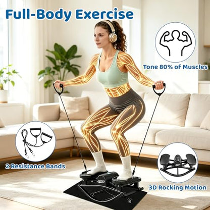 U-Rock Mini Stepper with Resistance Bands, 3D Swing Stair Stepper with Digital Monitor, Upgraded Quiet Anti Slip Pad for Full-Body Workout, Home & Office Fitness Equipment for All Ages
