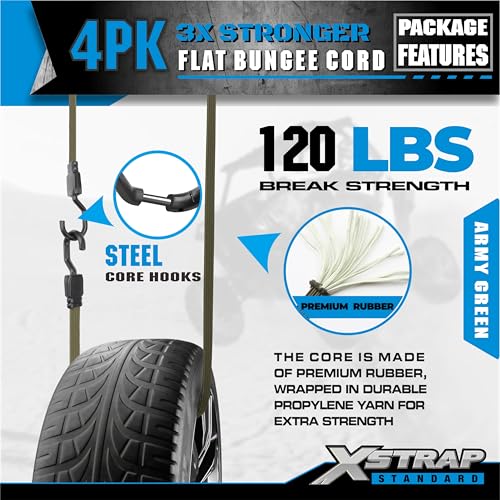 XSTRAP STANDARD 4 PCS 77 Inch Flat Bungee Cords with Hooks - color: Army Green