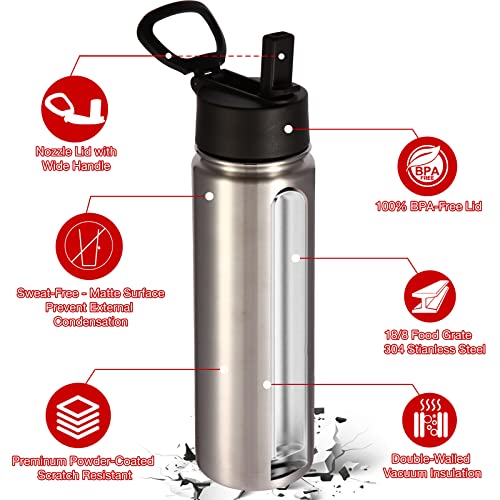 Volhoply Insulated Water Bottles with Straw Bulk 2 Pack, 22 oz Stainless Steel Sports Bottle with Handle Lid, Double Walled Vacuum Metal Cups Cup, Reusable Cold Water Flask for Hiking(Silver,2 Set) - color: Silver