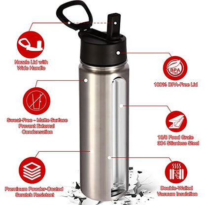 Volhoply Insulated Water Bottles with Straw Bulk 2 Pack, 22 oz Stainless Steel Sports Bottle with Handle Lid, Double Walled Vacuum Metal Cups Cup, Reusable Cold Water Flask for Hiking(Silver,2 Set) - color: Silver