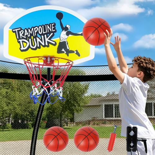 Trampoline Basketball Hoop, Universal Trampoline Accessories, Fits Straight Pole & Curved Pole, Upgraded Basketball Hoop for Trampoline with 2 Mini Ball, Pump and Protective Net