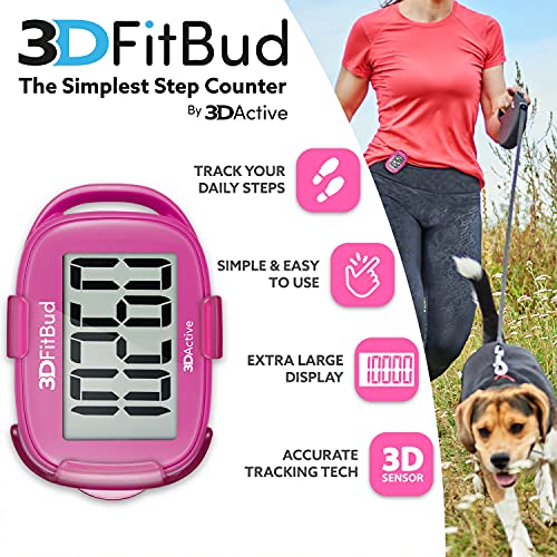 3DFitBud Simple Step Counter Walking 3D Pedometer by 3DActive with Clip, Lanyard Accurate Step Tracker Large Display, Easy to Use for Kids Men Women Adult Seniors Daily Step Tracking - A420S - color: Pink