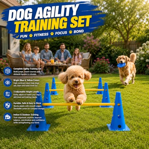 Dog Agility Training Equipment, 12 Cones, 6 Poles, Hurdle