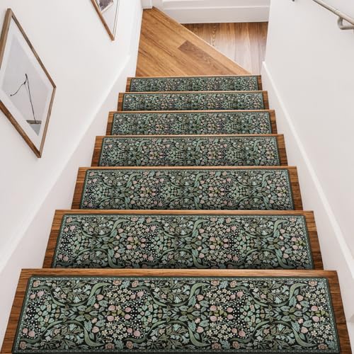 OJIA 15PC Stair Treads Non-Slip Stair Runner for Wooden Steps Indoor 30"x8" - color: Black-Floral, size: 15PCS