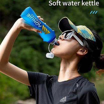 AONIJIE Soft Flasks, TPU Collapsible Foldable Water Bottles for Hydration Pack Running Cycling 2 Pack (500ml with straw pack of 2) - color: 500ml with straw pack of 2