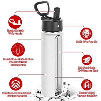 Volhoply Insulated Water Bottles with Straw Bulk 2 Pack, Not Suitable for Sublimation,22 oz Stainless Steel Sports Bottle with Handle Lid,Double Walled Vacuum Metal Water Cups(White,2 Set) - color: White