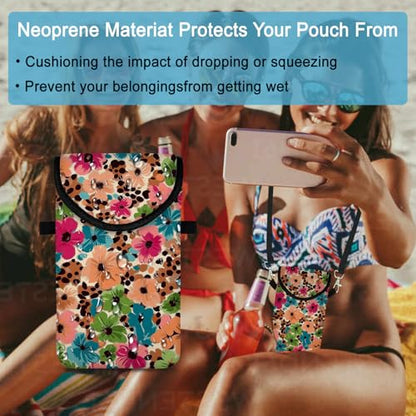 Neoprene Cell Phone Sleeve Pouch Case Bag with Crossbody Strap Neck Lanyard for Women 7.5 X 4.3 in Floral Pattern - color: Floral Pattern 1