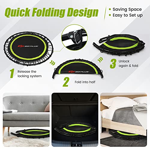 Goplus 40” Folding Fitness Trampoline, Portable Mini Exercise Rebounder 4-Level Height Adjustable Safety Handrail, 2 Resistance Bands, Indoor Outdoor Workout Trampoline for Adults Kids (Green)