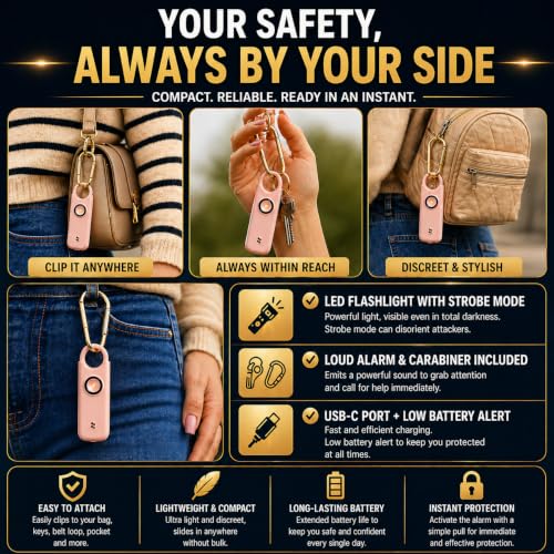 VOLTEK Personal Safety Alarm + Whistle Set for Women - Extra Loud 135 dB, LED Strobe Light, USB-C Rechargeable, Intrusion Mode (Doors, Windows) - Compact & Lightweight - Carabiner Incl. (Azure Blue) - color: Azure