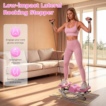 Rocking Stepper with Resistance Bands, 3D Side-to-Side Motion Mini Stepper for Women Home Workout, Low Impact Lateral Step Machine with Non-Slip Mat and Digital Counter, 250lbs Capacity