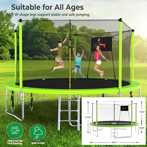 Lyromix Upgraded 14FT 15FT Trampoline Outdoor with Basketball Hoop, Stakes, Light, Sprinkler, Capacity for 4-8 Kids & Adults