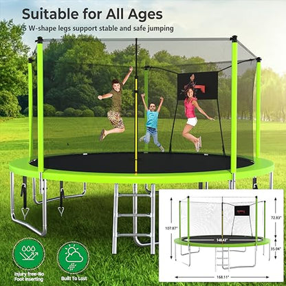 Lyromix Upgraded 14FT 15FT Trampoline Outdoor with Basketball Hoop, Stakes, Light, Sprinkler, Capacity for 4-8 Kids & Adults