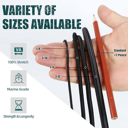 Strong and Durable Bungee Cord - 3/8" x 100ft Elastic Cord, Kayak Stretch String Rope, Bungee Shock Cords for Repairing Tent Poles, DIY, Tie Downs, Black - size: 3/8" x 100ft