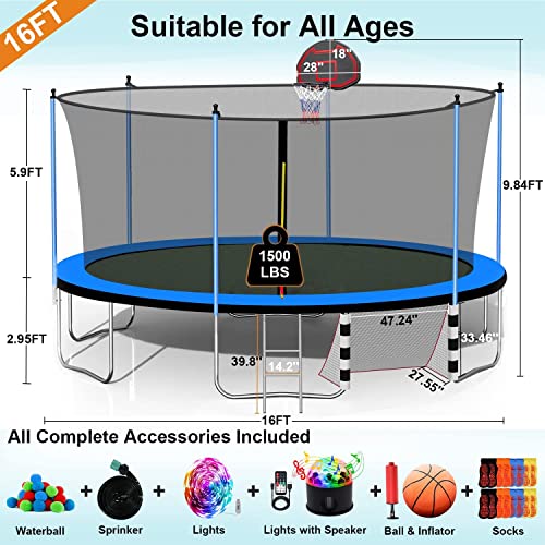 10 12 14 16ft Trampoline with Sprinkler, Lights, Water Ball, Socks, 1500LBS Outdoor Trampoline for Kids and Adults, ASTM Approved, Recreational Trampolines with Basketball Hoop, Enclosure Net - color: Blue 16FT S+