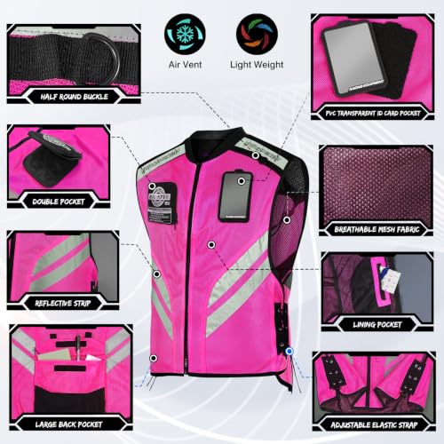 Pink Reflective Motorcycle Cycling Vest, Breathable Safety High Visibility Riding Vest For Women Adjustable Waist - size: X-Large