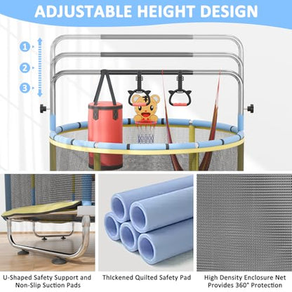60" Toddler Trampoline for Age 2-4, 5ft Mini Kids Trampoline Indoor with Basketball Ball Adjustable Gymnastics Bar & Toys Swing Enclosure Net for Backyard ASTM Approved - color: Blue&Yellow
