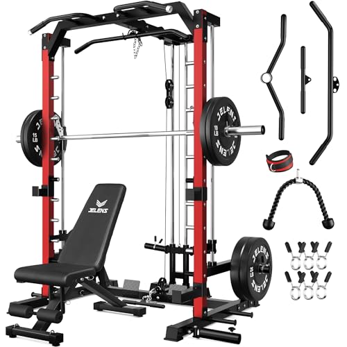 JELENS SR01 Smith Machine, 2000LBS Multi-Function Power Cage with LAT Pulldown System, All-in-One Home Gym Squat Rack with Smith Bar and Training Attachments for Full Body Workouts - color: Red, size: 190LB Black Weights Package