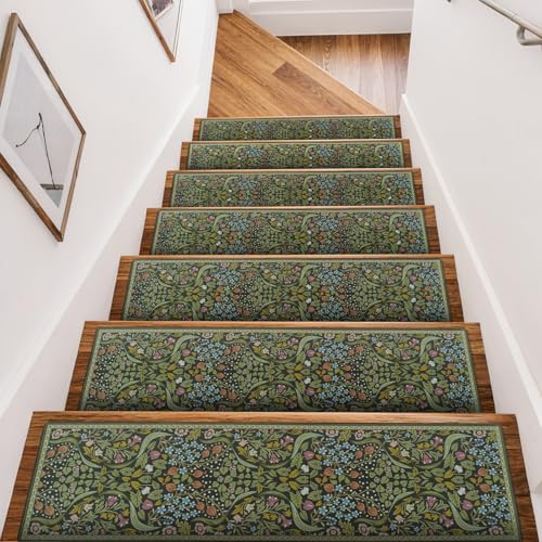 OJIA Stair Treads Non-Slip Stair Runner for Wooden Steps Indoor 15PC 30"x8" - color: Green-Floral, size: 15PCS