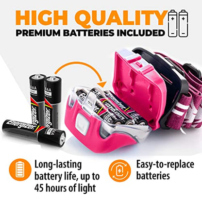 Foxelli LED Headlamp Flashlight for Adults & Kids, Running, Camping, Hiking Head Lamp with White & Red Light, Comfortable Headband, Lightweight & Waterproof, 3 AAA Batteries - color: 1-Pack Neon Pink