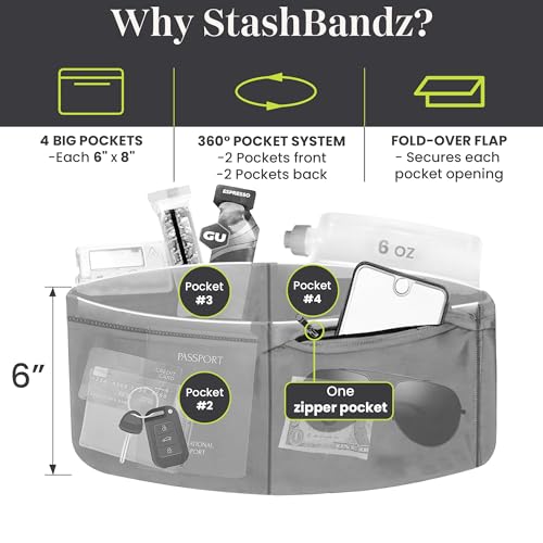 StashBandz Running Belt, Fanny Pack, & Money Belt, 4-Pocket Phone Holder - color: Black, size: Large