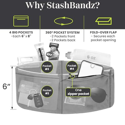 StashBandz Running Belt, Fanny Pack, & Money Belt, 4-Pocket Phone Holder - color: Black, size: X-Large