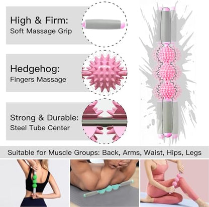 Fascia Muscle Roller, Cellulite Massager Fascia Roller for Cellulite and Sore Muscles, Neck, Leg, Back, Pressure Trigger Point Body Roller Deep Tissue Massage Stick Tools - 3 Massage Balls - color: Sakura Pink