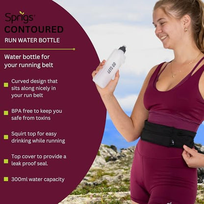 Sprigs Lets Go Curved Water Bottle for Running, 300 ml, Leak Proof Top, BPA Free, Fits 3 Pocket Belt (Black Let's Go, 300 ML)