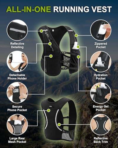 Running Vest with Touchscreen Phone Holder, 500ml/17oz Water Bottle Vest, Reflective Hydration Vest, 6 Pockets Zip Runners Vest – Lightweight, Adjustable, Breathable, Unisex - size: Medium