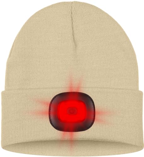 ATNKE LED Lighted Beanie Hat,USB Rechargeable 8 LED Red Glow Flashing Alarm Running Headlamp Cap Gifts for Men and Women - color: #Beige