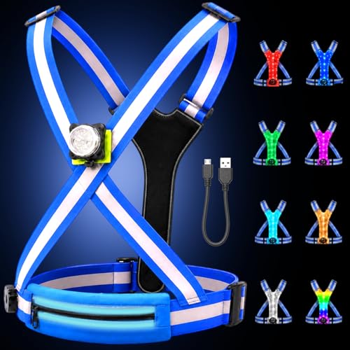 500LM Running Lights for Runners,7+8 Front & Back Light Modes & 360° Reflective Running Vest with Light Up Zip Waist Bag,IPX4 Waterproof High Visibility Rechargeable Gear for Night Walking/Cycling - color: blue