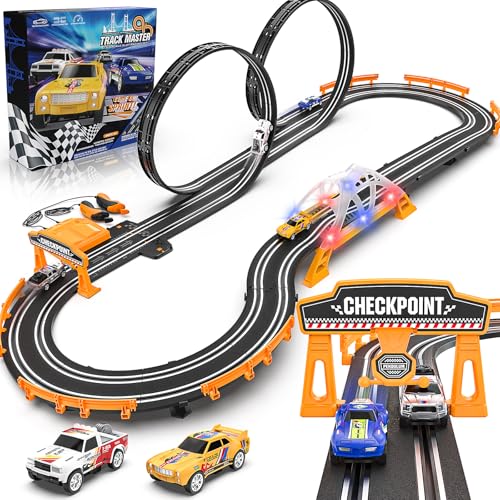 Slot Car Race Track Sets for Boys,Race Car Track with 4 High-Speed Slot Cars,Battery or Electric Car Track,Dual Racing Game Lap Counter Track Sets,Toys Gifts for Boys Girls Ages 6 7 8-12 - size: 18FT