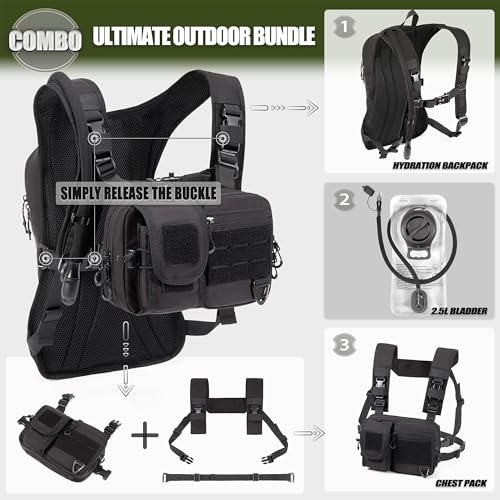 2-in-1 Hydration Backpack & Tactical Chest Pack with 2.5L Water Bladder, Modular Molle Hydration Vest, Lightweight Running Water Bag for Gravel Cycling, MTB, Hiking, Enduro - color: Black