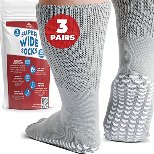 3 Pairs Extra Wide Socks for Swollen Feet - Non Slip Diabetic Socks for Men, Hospital Use - color: Gray