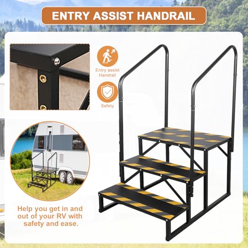 3 Step RV Stairs, Hot Tub Steps, Outdoor Spa Step Ladder with Double Handrail,Portable Economy 5th Wheel Stair for Travel Trailer, Motor Home, Camper and Porch with Non-Skid Tapes - size: RV Stairs - 3 Step with Double Handrail