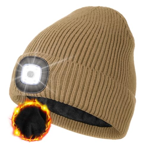 MELASA Winter Fleece Lined Beanie with The Light, Warm Gifts for Men Dad - color: Light Brown