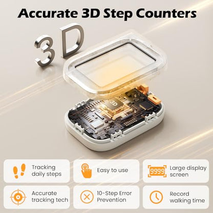 3D Pedometer for Walking, Accurate Digital Step Counter with Removable Lanyard, Fitness Tracker for Daily Activity Step & Sport Time Data-10-Step Smart Calibration - color: Off-white