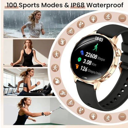Smart Watches for Women, 1.27'' Smart Watch (Answer/Make Calls) Compatible with iPhone/Android Phones, IP68 Waterproof Fitness Tracker Watch with Sleep Monitor,100+ Sports Modes (Black) - color: Black
