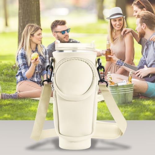 Water Bottle Carrier Bag with Phone Pocket for Stanley 40/30oz Tumbler Neoprene Water Bottle Holder Pouch with Adjustable Strap, 2 Stanley Straw Covers & Carabiner for Stanley Cup Accessories (Beige)